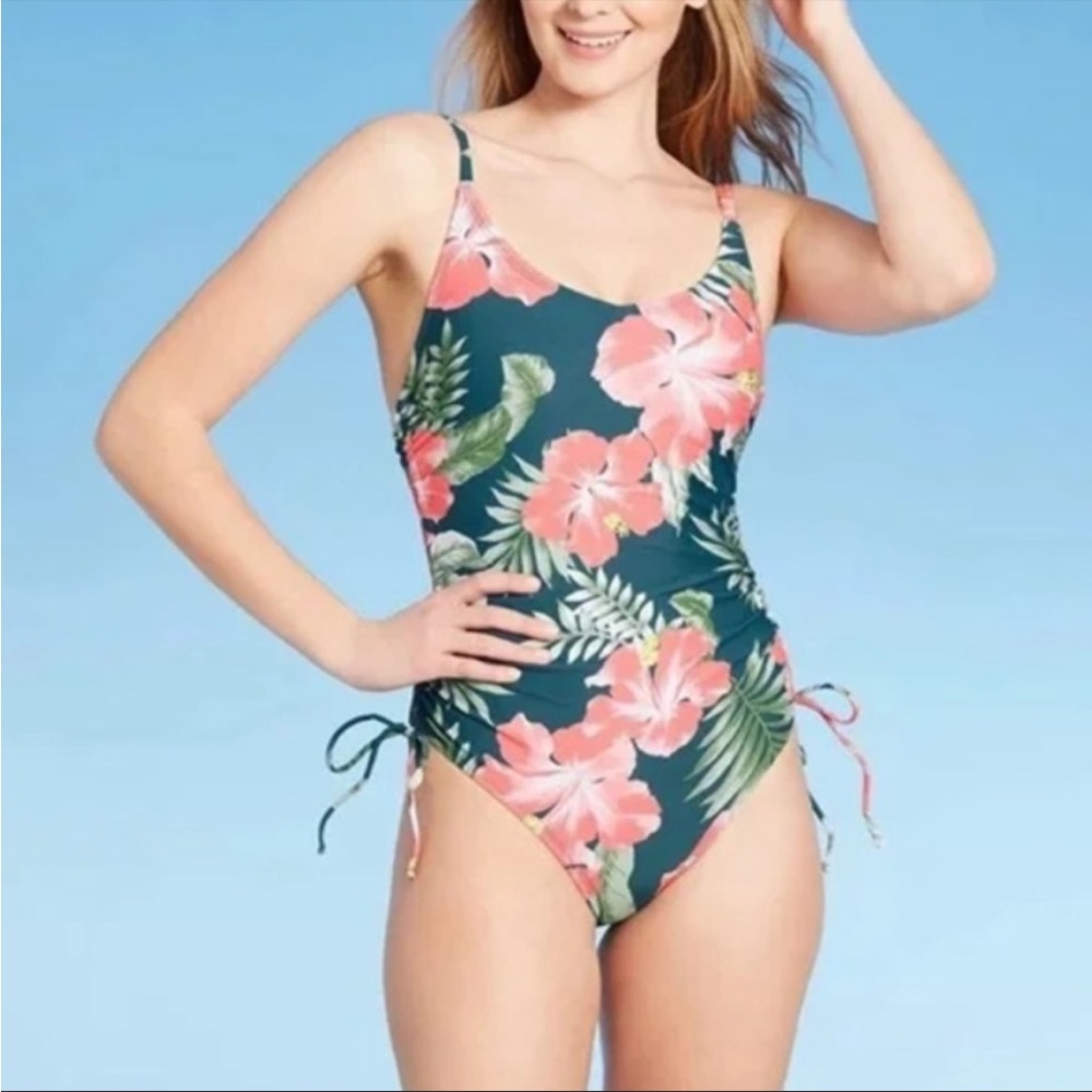 Kona Sol Floral Cinch One Piece Swimsuit Blue Size XS